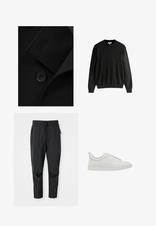 Zwarte blazer met een notch-kraag, opvallende knoopsluiting en subtiele stiksels op de kraagflap. Zachte stoftextuur.; Zwarte trui met lange mouwen en ronde hals, eenvoudig ontwerp, geribde manchetten, zoom en hals, maat medium.; Zwarte lichte broek met elastische tailleband, koord, ritszakken aan de zijkant, gebogen knieën en ritssluitingen bij de enkels.; Witte lage sneaker met instapmodel, gevoerde kraag en treklipje bij de hiel, met een dikke rubberen zool en glad leren bovenwerk.