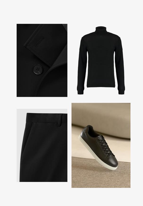 Blazer negro con solapa con muesca, cierre de botón prominente y detalle de costura sutil en la solapa. Textura de tela suave.; Suéter negro de cuello alto en un tejido de punto suave, con mangas largas y una silueta ajustada. Puños y dobladillo acanalados.; Pantalones negros de corte ajustado con una textura suave, que presentan una cinturilla plana, bolsillos laterales y un diseño de pierna recta.; Zapatilla de cuero negra con suela de goma blanca y cordones negros, posicionada sobre una superficie y fondo de tela beige.