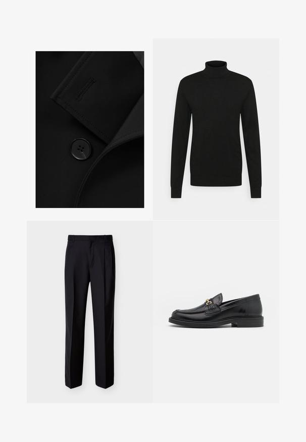 Blazer negro con solapa con muesca, cierre de botón prominente y detalle de costura sutil en la solapa. Textura de tela suave.; Jersey de cuello alto negro hecho de un material suave y elástico. Mangas largas, cuello y puños acanalados, y una silueta ajustada.; Pantalones negros hechos a medida con corte recto, pinzas delanteras y bolsillos laterales. Elaborados con una tela suave y ligera con un patrón sólido.; Mocasines de cuero negro con punta redondeada, que cuentan con un detalle de herrajes dorados y costuras, situados sobre una suela de goma texturizada y baja.