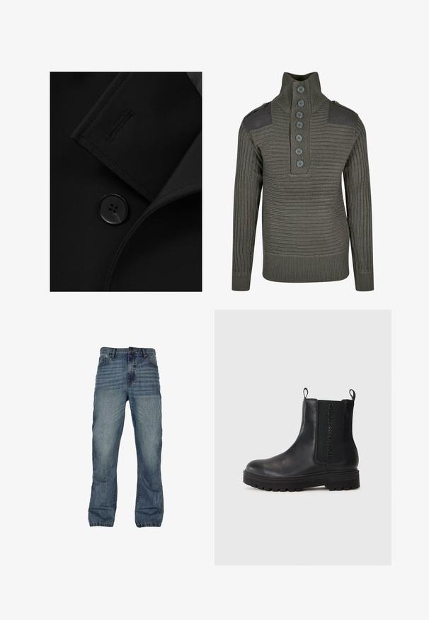 Zwarte blazer met een notch-kraag, opvallende knoopsluiting en subtiele stiksels op de kraagflap. Zachte stoftextuur.; Donkergroen gebreid sweater met een hoge kraag, een zeven-knoopsluiting en een gestructureerde ribstof. Heeft zwarte schouderaccenten en lange mouwen.; Denim jeans in een middentoon blauw met een vervaagde afwerking, voorzien van een recht gesneden ontwerp, vijf zakken en contrasterende stiksels.; Zwarte leren Chelsea boots met een ronde neus, elastische zijpanelen, lussen om aan te trekken en een stevige rubberen zool met uitbundige loopvlak.