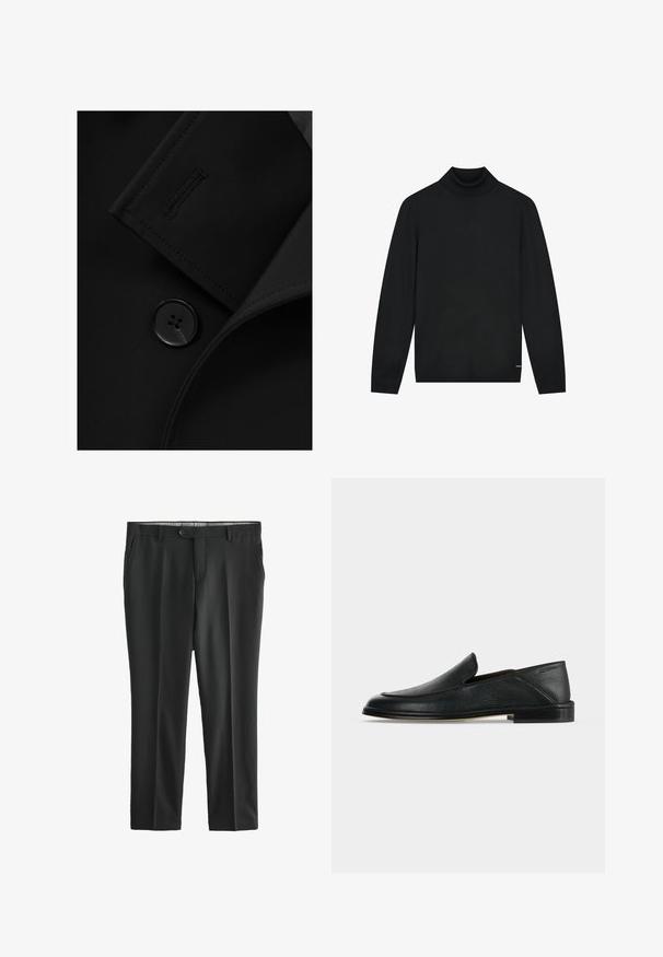 Zwarte blazer met een notch-kraag, opvallende knoopsluiting en subtiele stiksels op de kraagflap. Zachte stoftextuur.; Zwarte coltrui van zacht materiaal, met lange mouwen en een nauwsluitende kraag. Minimalistisch ontwerp zonder zichtbare patronen.; Zwarte, op maat gemaakte broeken van soepel stof. Voorzien van een knoopsluiting, zijzakken en een recht gesneden ontwerp. Geen zichtbare patronen.; Zwarte leren instapsneaker met lage hak en afgeronde neus, weergegeven op een effen witte achtergrond.