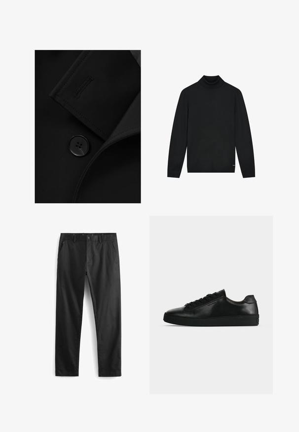 Zwarte blazer met een notch-kraag, opvallende knoopsluiting en subtiele stiksels op de kraagflap. Zachte stoftextuur.; Zwarte coltrui van zacht materiaal, met lange mouwen en een nauwsluitende kraag. Minimalistisch ontwerp zonder zichtbare patronen.; Zwarte broek van een gladde stof, met een rits- en knoopsluiting, zijzakken en een getailleerde pasvorm.; Zwarte lage leren sneaker met zwarte veters en een dikke zwarte zool, getoond van opzij tegen een lichtgrijze achtergrond.