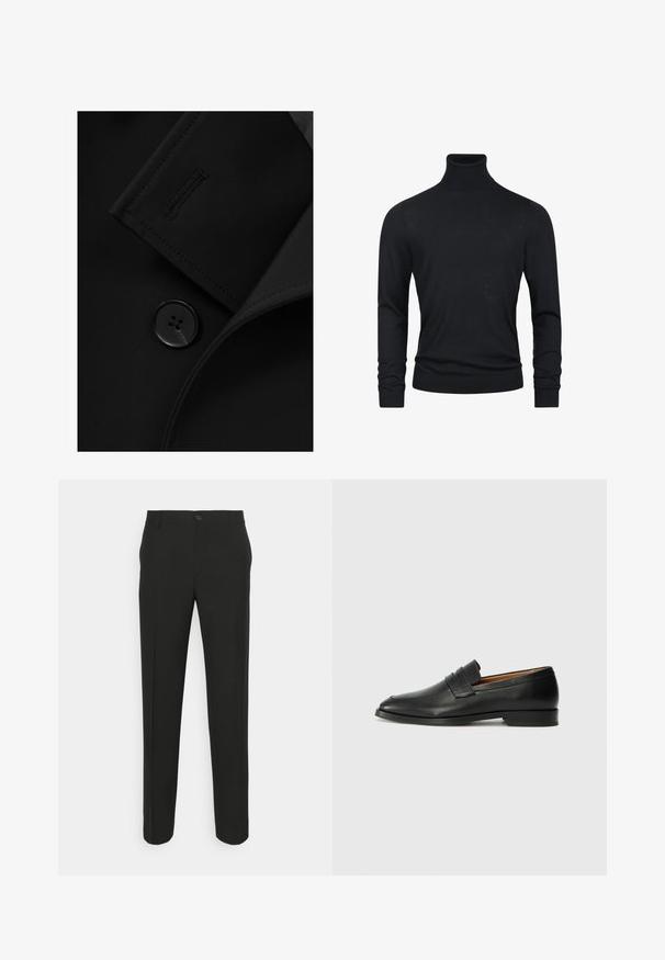 Sort blazer med et notch-krave, fremtrædende knaplukning og subtile syninger på kraveflappen. Glat stoftekstur.; Sort turtleneck sweater med lange ærmer, lavet af et glat strikstof, med ribbede manchetter og søm for et tætsiddende udseende.; Sorte skræddersyede bukser med lige snit, der har en enkelt knaplukning og bæltestropper. Glat, mat stof uden mønstre.; Sort læder loafer med rund tå, diskret syning, og lav hæl, der har en glat tekstur og minimalistisk design.