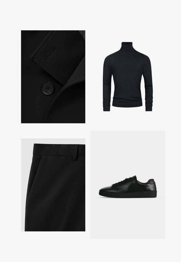 Blazer negro con solapa con muesca, cierre de botón prominente y detalle de costura sutil en la solapa. Textura de tela suave.; Suéter de cuello alto negro con mangas largas, hecho de un tejido de punto suave, que presenta puños y dobladillo acanalados para un aspecto ajustado.; Pantalones negros de corte ajustado con una textura suave, que presentan una cinturilla plana, bolsillos laterales y un diseño de pierna recta.; Zapatilla de cuero negra de perfil bajo con cordones negros y una suela negra gruesa, mostrada de lado sobre un fondo gris claro.