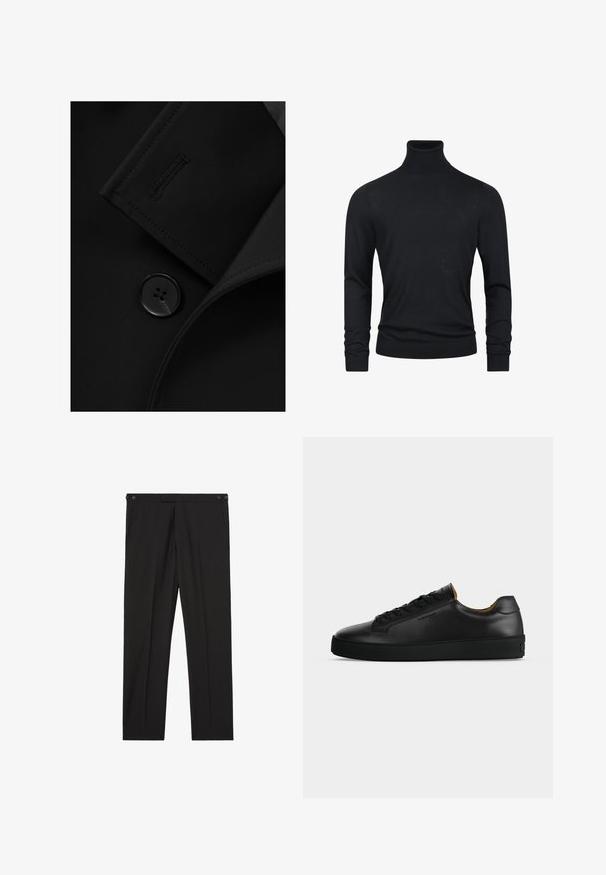 Blazer negro con solapa con muesca, cierre de botón prominente y detalle de costura sutil en la solapa. Textura de tela suave.; Suéter de cuello alto negro con mangas largas, hecho de un tejido de punto suave, que presenta puños y dobladillo acanalados para un aspecto ajustado.; Pantalones negros de pierna recta con bolsillos laterales y detalles de botones en la cintura, mostrados sobre un fondo blanco.; Zapatilla negra de piel de corte bajo con cordones negros, suela de goma texturizada y pequeño logo en relieve en el lateral, mostrada de perfil sobre fondo gris.