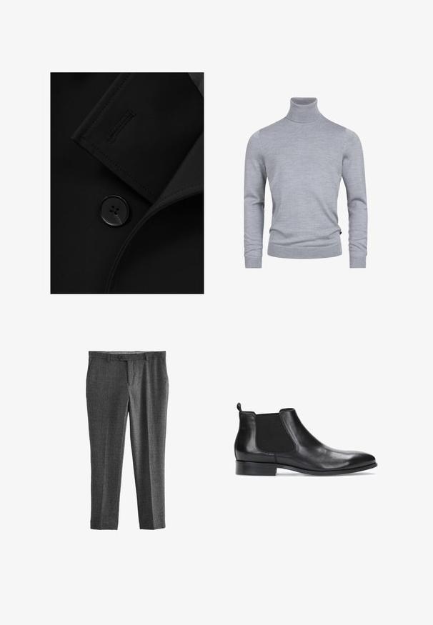 Blazer negro con solapa con muesca, cierre de botón prominente y detalle de costura sutil en la solapa. Textura de tela suave.; Suéter gris de cuello tortuga hecho de un suave tejido de punto. Cuenta con mangas largas y un diseño ajustado con puños y dobladillo acanalados. Textura simple y suave.; Pantalones grises ajustados con una tela texturizada, que cuentan con una cremallera, bolsillos frontales y un diseño de pierna recta. Sin patrones ni acentos visibles.; Botas Chelsea de cuero negro con paneles elásticos en los laterales, punta redonda y un tacón bajo apilado. El diseño incluye una lengüeta en el talón.