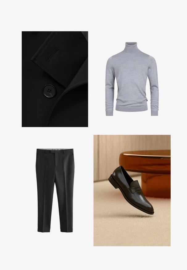 Zwarte blazer met een notch-kraag, opvallende knoopsluiting en subtiele stiksels op de kraagflap. Zachte stoftextuur.; Grijze coltrui gemaakt van een zachte breistof. Beschikt over lange mouwen en een getailleerd ontwerp met geribde manchetten en zoom. Simpele, gladde textuur.; Zwarte op maat gemaakte broek van een zachte stof. Heeft een vlakke voorkant, riemlussen en zijzakken. Schoon, recht gesneden pijpen.; Zwarte leren loafer met een slank design, voorzien van een gestructureerde band en een gladde afwerking. Geplaatst tegen een zachte, lichte achtergrond.