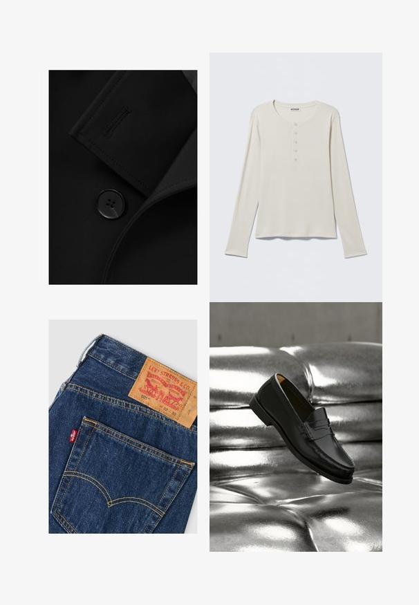 Blazer negro con solapa con muesca, cierre de botón prominente y detalle de costura sutil en la solapa. Textura de tela suave.; Camiseta henley de manga larga en color crema con escote redondo y tapeta con cinco botones, etiquetada Weekday, colocada plana sobre un fondo neutro.; Vaqueros Levi's de mezclilla azul oscuro con bolsillo trasero visible, costuras amarillas, etiqueta roja de Levi's y etiqueta de cuero marrón de la marca con detalles de tallas.; Zapato mocasín de cuero negro flotando sobre un sofá plateado brillante con tapizado capitoné de cuero en un ambiente minimalista.