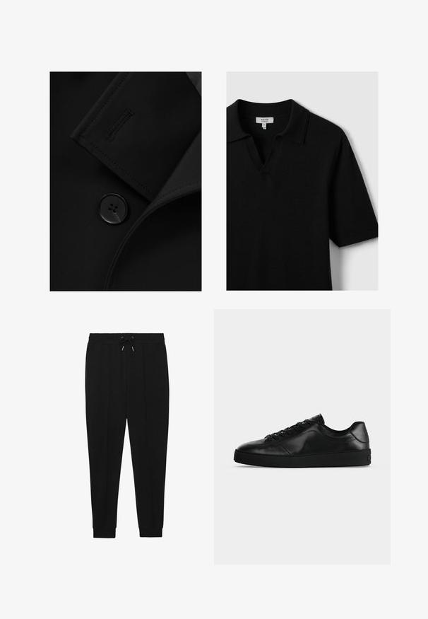 Blazer negro con solapa con muesca, cierre de botón prominente y detalle de costura sutil en la solapa. Textura de tela suave.; Camiseta polo negra de manga corta, hecha de una tela suave, con cuello en V y un collar clásico, con costuras mínimas y sin patrones visibles.; Pantalones deportivos negros con cintura ajustable, piernas ajustadas y puños acanalados. Hechos de una tela suave con una textura lisa.; Zapatilla de cuero negra de perfil bajo con cordones en la parte delantera y suela plana texturizada, mostrada de lado sobre un fondo neutro.