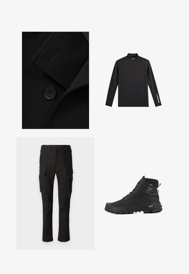 Blazer negro con solapa con muesca, cierre de botón prominente y detalle de costura sutil en la solapa. Textura de tela suave.; Camiseta negra deportiva de manga larga con cuello alto falso, corte ajustado y logo blanco "J.Lindeberg" en la manga izquierda y el cuello.; Pantalones cargo negros con múltiples bolsillos, bolsillo lateral con cremallera y costuras reforzadas, con un diseño de pierna recta y tejido duradero.; Botas altas negras con superficie texturizada, que cuentan con un diseño impermeable, sistema de cordones y una suela de goma prominente con la marca Vibram.