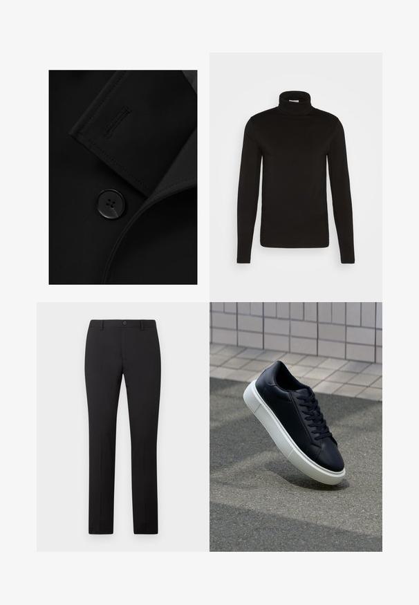 Blazer negro con solapa con muesca, cierre de botón prominente y detalle de costura sutil en la solapa. Textura de tela suave.; Camiseta de cuello alto de manga larga negra, elaborada en una tela suave con un diseño ajustado y un cuello alto, ceñido. Sin patrones ni acentos visibles.; Pantalones negros a medida con diseño de pierna recta, con cierre de botón y trabillas para cinturón. Hechos de tela suave sin patrones visibles.; Zapatilla de cuero negro con punta redonda y suela de goma blanca. Presenta cordones planos y un mínimo de costuras en la parte superior. Suela texturizada para proporcionar agarre.