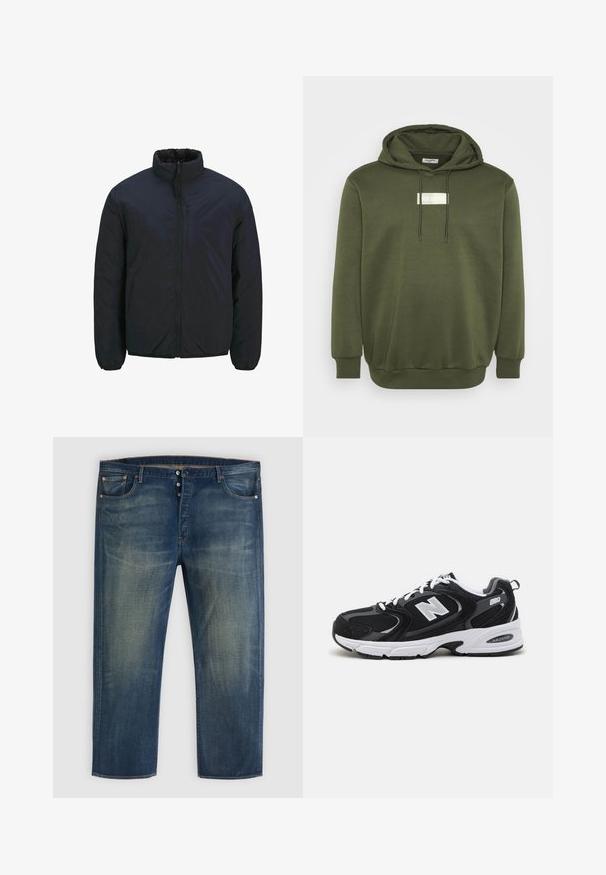 Veste isolante noire avec un col haut, une fermeture éclair à l'avant et des poignets élastiques. Texture de surface lisse, conception légère. Une poche poitrine.; Un hoodie vert olive avec une poche avant, une capuche réglable à cordon et un logo noir imprimé. Fabriqué en tissu doux et texturé.; Jean en denim bleu avec une fermeture à bouton, design classique à cinq poches et détails délavés sur les cuisses et les genoux.; Baskets de sport noires et grises avec un tige en mesh et en suède, présentant une semelle intermédiaire blanche, des lacets et un logo "N" audacieux sur le côté.