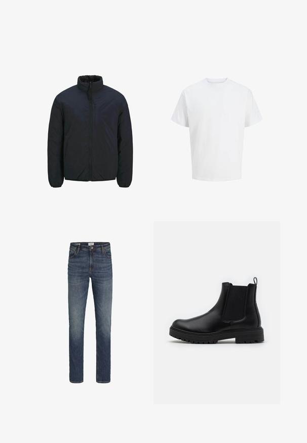 Veste isolante noire avec un col haut, une fermeture éclair à l'avant et des poignets élastiques. Texture de surface lisse, conception légère. Une poche poitrine.; T-shirt blanc uni à manches courtes et col rond avec une coupe décontractée, présenté sur un fond blanc.; Jean slim-fit bleu pour hommes avec bouton devant, fermeture éclair et design cinq poches, avec légère décoloration aux cuisses et aux genoux.; Zign by Zalando LEATHER - Bottines - black