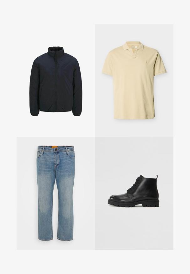 Veste isolante noire avec un col haut, une fermeture éclair à l'avant et des poignets élastiques. Texture de surface lisse, conception légère. Une poche poitrine.; Polo beige à manches courtes avec col côtelé, ouverture en V et logo brodé discret sur la poitrine gauche.; Jean en denim bleu clair avec une coupe droite, comportant cinq poches, une fermeture à bouton et une étiquette de marque orange sur la ceinture.; Bottines en cuir noir à bout rond, avec des lacets à l'avant et une semelle en caoutchouc texturée. Comprend une languette à l'arrière pour un enfilage facile.