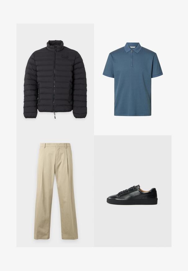 Veste matelassée noire avec fermeture éclair intégrale à l'avant, col montant, poches latérales zippées et poignets élastiques.; Polo bleu côtelé à manches courtes avec fermeture éclair devant et col et poignets texturés, présenté sur fond blanc.; Pantalon beige en coton, avec une coupe droite, des plis à l'avant et une fermeture de taille traditionnelle. Texture lisse, détails minimaux.; Baskets en cuir noir avec une texture lisse, bout rond et fermeture à lacets. Comprend une semelle en caoutchouc épaisse et un minimum de détails de marque.