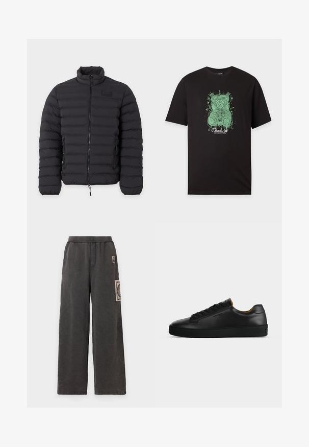 Veste matelassée noire avec fermeture éclair intégrale à l'avant, col montant, poches latérales zippées et poignets élastiques.; T-shirt noir à manches courtes avec un dessin esquissé d'ours en peluche vert centré sur la poitrine et un texte blanc sous l'ours.; Pantalons larges en tissu gris foncé, avec un patch décoratif sur la poche avant et une taille élastique pour le confort.; Basket basse en cuir noir avec lacets noirs, semelle en caoutchouc texturée et petit logo embossé sur le côté, présenté de profil sur fond gris.