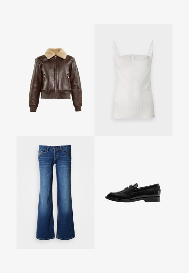 Veste bomber en cuir marron avec un col en fourrure beige, des poignets à côtes, deux poches latérales zippées et une fermeture éclair à l'avant.; Haut sans manches blanc avec une partie supérieure lisse et une texture plissée en bas. Dispose de fines bretelles et d'un ourlet droit.; Jeans en denim évasés bleu foncé, dotés d'un design classique à cinq poches, fermeture à boutons et surpiqûres contrastantes. Texture lisse.; Mocassin en cuir noir avec une finition brillante, bout légèrement pointu, design sans lacets, et un petit talon rectangulaire avec détails cousus.