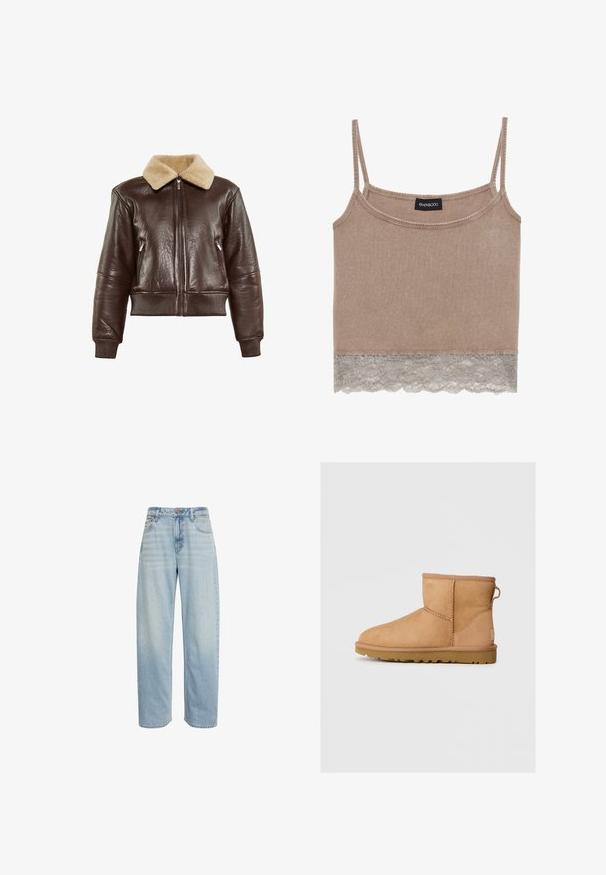 Veste bomber en cuir marron avec un col en fourrure beige, des poignets à côtes, deux poches latérales zippées et une fermeture éclair à l'avant.; Débardeur marron à fines bretelles, avec un bord en dentelle gris clair en bas. Fabriqué à partir d'un tissu doux et extensible. Étiquette Even&Odd visible.; Jean bleu clair taille haute, coupe droite, avec cinq poches et fermeture par bouton, présenté sur fond blanc.; Bottines en suède beige avec bout rond, détails cousus, tirant à l'arrière et semelle en caoutchouc texturé. Conçues pour le confort et la chaleur.