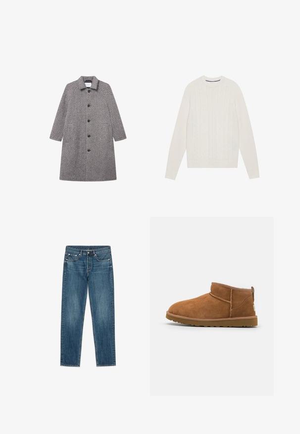 Manteau en chevron gris avec col, fermeture à bouton sur le devant et deux poches latérales. Dispose de manches longues et d'une coupe mi-longue.; Pull en mailles torsadées couleur crème, avec un col rond, des manches longues et des poignets et un ourlet côtelés. Le motif texturé ajoute un intérêt visuel.; Jean en denim bleu droit avec bouton et fermeture éclair à l'avant, design cinq poches et passants de ceinture.; Bottine en suède beige avec un bout rond, des détails de couture subtils et une semelle en caoutchouc texturée. Hauteur courte sans lacets.
