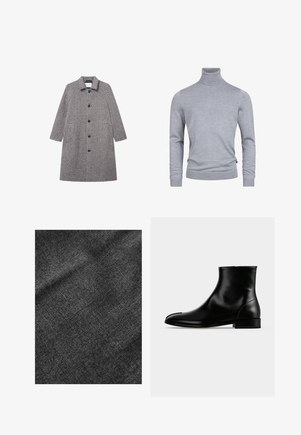 Manteau en chevron gris avec col, fermeture à bouton sur le devant et deux poches latérales. Dispose de manches longues et d'une coupe mi-longue.; Pull en col roulé gris fabriqué dans un tissu tricoté doux. Il dispose de manches longues et d'un design ajusté avec des poignets et un ourlet côtelés. Texture simple et lisse.; Tissu noir texturé avec une surface douce et légèrement brillante, présentant un motif de tissage subtil et une drapé fluide.; Bottine en cuir noir poli avec un petit talon et une fermeture éclair latérale, design épuré et lisse sur un fond clair uni.