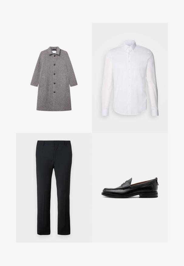 Manteau en chevron gris avec col, fermeture à bouton sur le devant et deux poches latérales. Dispose de manches longues et d'une coupe mi-longue.; Chemise blanche à manches longues en coton, dotée d'un col classique, de boutons à l'avant et de détails de couture minimalistes.; Pantalons noirs ajustés avec une texture lisse, une coupe droite, une taille sécurisée, et sans motifs ni embellissements visibles.; Mocassin homme en cuir noir avec couture moc toe, bride penny, col texturé et petit talon empilé sur fond blanc.