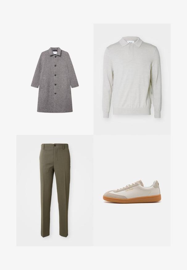 Manteau en chevron gris avec col, fermeture à bouton sur le devant et deux poches latérales. Dispose de manches longues et d'une coupe mi-longue.; NN.07 EMERSON - Polo - white pepper; Pantalons ajustés vert olive avec une texture lisse, coupe droite, bouton avant unique et poches latérales pour la fonctionnalité.; Baskets basses blanches et beiges avec semelle en caoutchouc, lacets blancs, détails en daim et logo doré "Paul Smith" sur le côté.