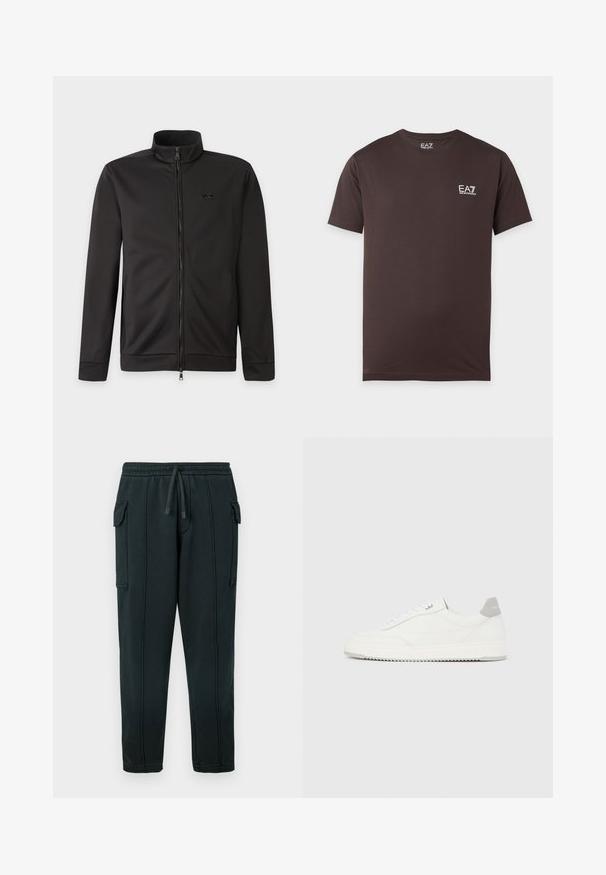 Veste noire zippée intégralement avec col montant, manches longues, poches latérales et petit logo sur la poitrine gauche.; T-shirt marron foncé à manches courtes avec col rond et petit logo blanc EA7 Emporio Armani sur la poitrine gauche.; Pantalon de survêtement noir avec taille à cordon, poches latérales, détail poche cargo et coutures visibles. Tissu doux avec une coupe décontractée.; Baskets basses blanches avec un onglet de talon gris, des lacets blancs et une semelle texturée, présentées sur un fond uni clair.