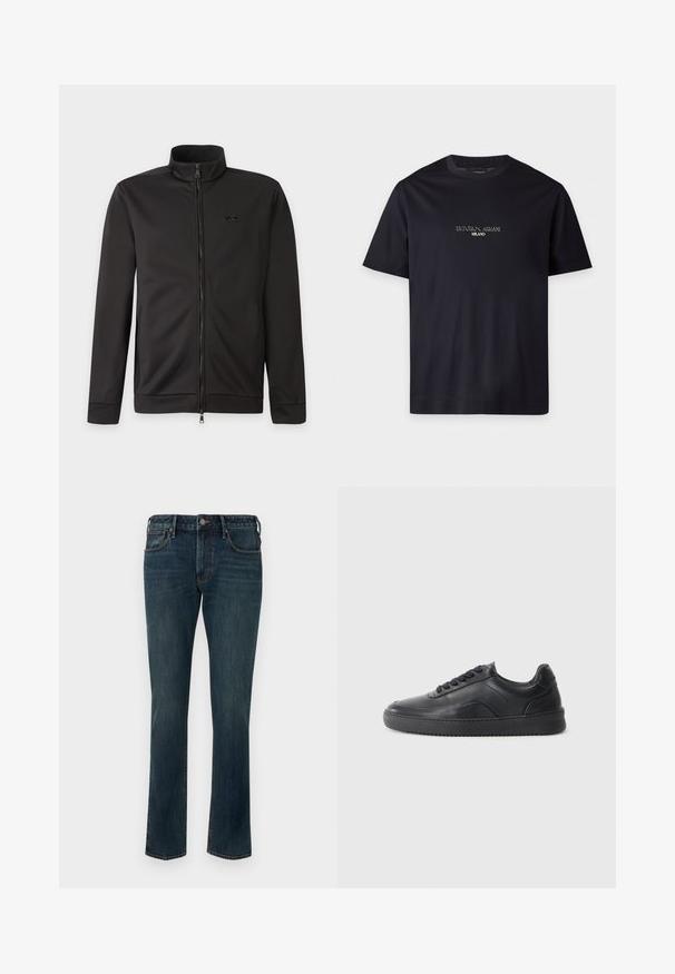 Veste noire zippée intégralement avec col montant, manches longues, poches latérales et petit logo sur la poitrine gauche.; T-shirt noir à manches courtes avec col rond, texte "EMPORIO ARMANI MILANO" centré sur la poitrine en petite police blanche.; Jean en denim droit bleu foncé avec fermeture à bouton et à glissière, poches avant et arrière, et un léger délavage sur les cuisses.; Chaussure de sport en cuir noir avec une finition lisse, bout arrondi, panneau latéral texturé et lacets noirs. Présente une semelle en caoutchouc plate et un design minimaliste.