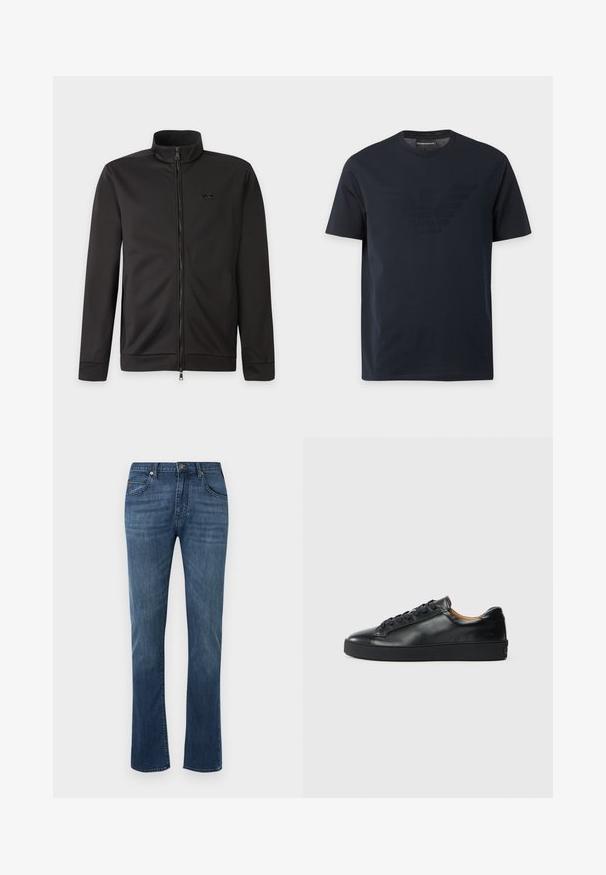 Veste noire zippée intégralement avec col montant, manches longues, poches latérales et petit logo sur la poitrine gauche.; T-shirt noir à manches courtes avec col rond, comportant un logo aigle en relief discret sur la poitrine et une étiquette de marque à l'intérieur du col.; Jean droit en denim bleu avec passants pour ceinture, bouton à l'avant, braguette zippée et conception classique à cinq poches.; Baskets en cuir noir avec une texture lisse, bout rond et fermeture à lacets. Comprend une semelle en caoutchouc épaisse et un minimum de détails de marque.