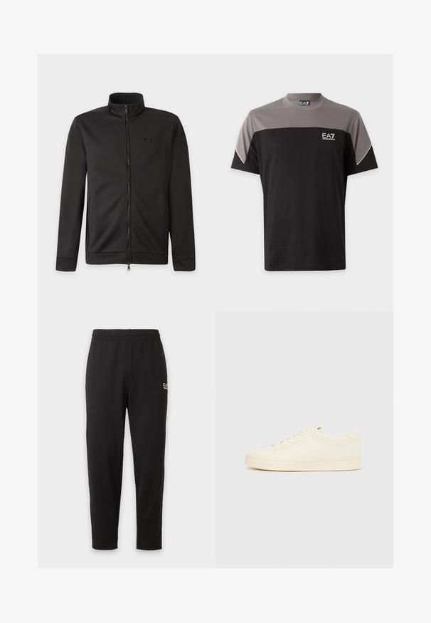 Veste noire zippée intégralement avec col montant, manches longues, poches latérales et petit logo sur la poitrine gauche.; T-shirt manches courtes noir et gris EA7 Emporio Armani avec logo sur la poitrine et bord blanc aux manches.; Pantalon de survêtement noir à taille élastique, jambes fuselées, avec un petit logo blanc sur la partie supérieure de la cuisse gauche.; Baskets couleur crème avec une tige en cuir lisse, bout arrondi, laçage à l'avant et semelle en caoutchouc texturée. Design minimaliste, sans logo.