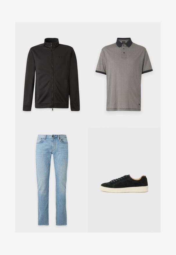 Veste noire zippée intégralement avec col montant, manches longues, poches latérales et petit logo sur la poitrine gauche.; Polo à manches courtes en motif écossais noir et gris, avec un col noir et une patte de boutonnage à trois boutons. Tissu doux avec une texture lisse.; Jean droit bleu clair avec poches avant, passants de ceinture et fermeture par bouton sur fond uni.; Baskets en daim noir au design bas, avec des lacets assortis, une semelle en caoutchouc texturé crème et une silhouette minimaliste.