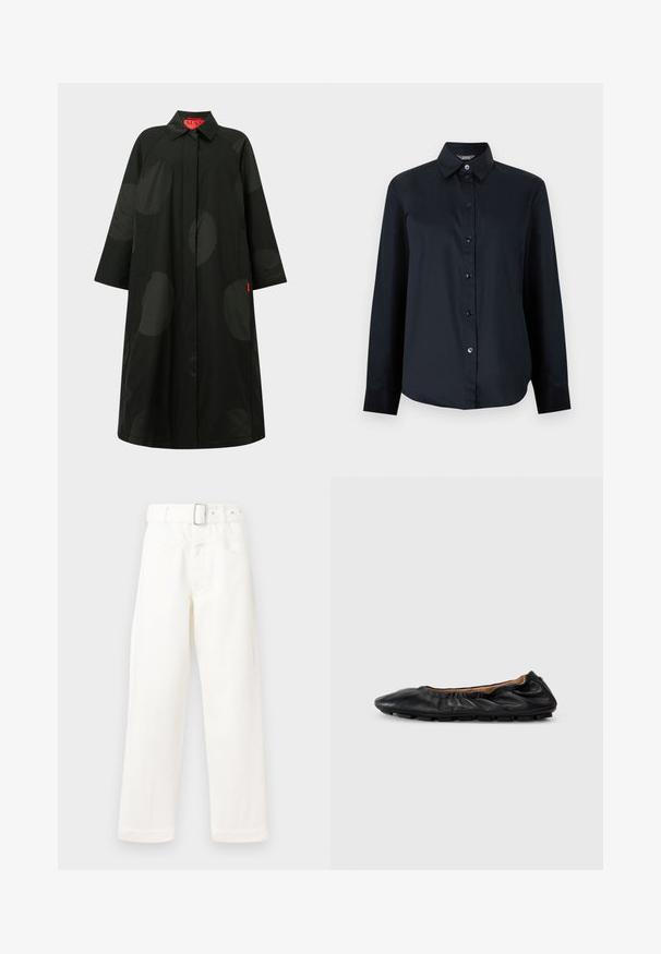 Long manteau noir avec de grands pois sombres subtils, manches larges, fermeture avant dissimulée et col, avec une étiquette intérieure rouge.; Chemise noire à manches longues avec boutons, col pointu et ourlet légèrement arrondi, présentée sur un fond gris clair uni.; CLOSED Wide Leg - ivory; Ballerines en cuir noir avec des détails froncés au col, bout rond et semelle en caoutchouc flexible. Texture lisse dans l'ensemble.
