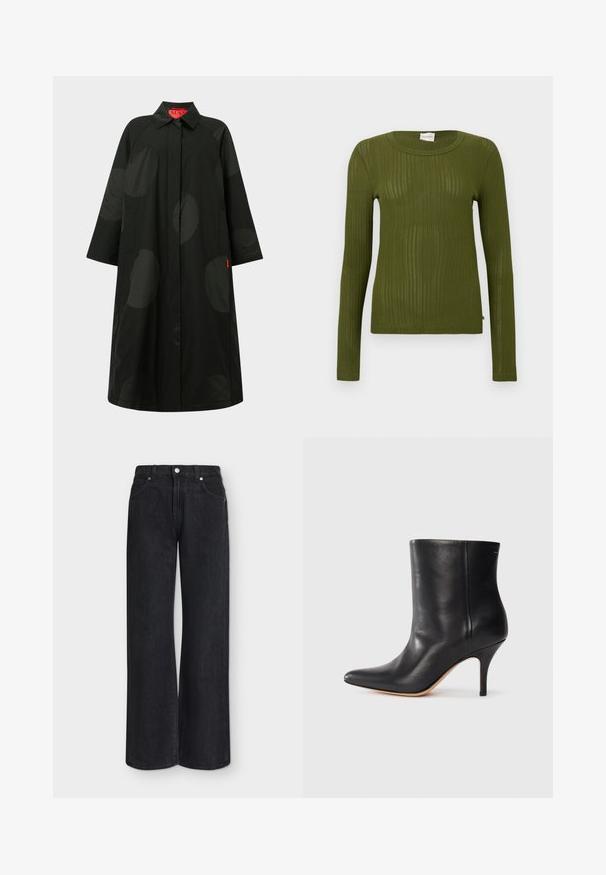 Long manteau noir avec de grands pois sombres subtils, manches larges, fermeture avant dissimulée et col, avec une étiquette intérieure rouge.; Haut à manches longues côtelé vert olive avec un col rond et une coupe ajustée, présentant une brillance subtile et une texture douce, sans logos ni motifs visibles.; Jean noir à jambes larges et taille haute, passants de ceinture, bouton devant, braguette zippée et style cinq poches, présenté sur un fond uni.; Bottine en cuir noir à bout pointu, avec un talon aiguille fin et une texture lisse. Design minimaliste sans matériel ou accents visibles.