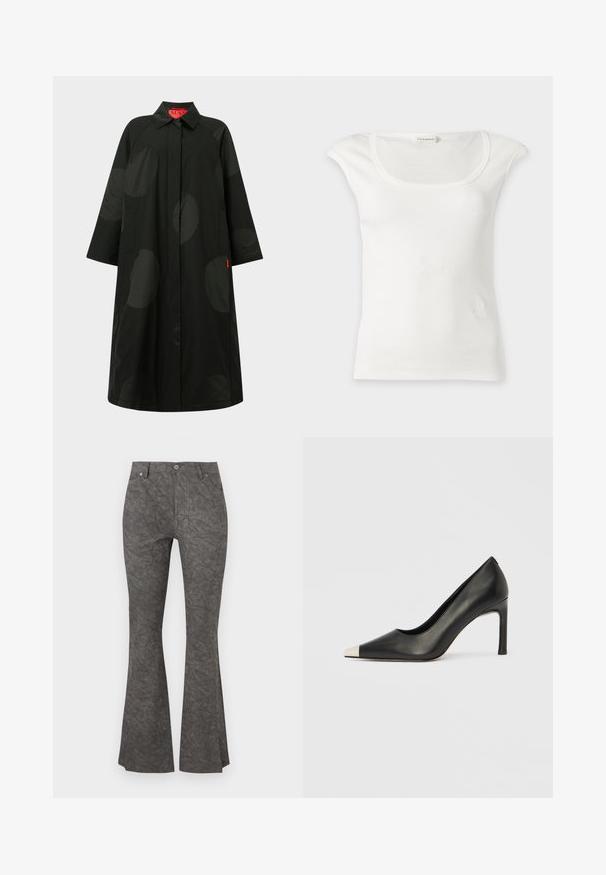 Long manteau noir avec de grands pois sombres subtils, manches larges, fermeture avant dissimulée et col, avec une étiquette intérieure rouge.; Haut blanc sans manches côtelé avec un col rond et de petites épaulettes, présenté sur un fond clair uni.; Pantalons évasés gris foncé avec un motif froissé subtil, poches avant, passants de ceinture et fermeture à bouton à la taille.; Chaussure à talon haut en cuir noir avec bout pointu et capuchon argenté métallique. Présente une finition lisse et un talon fin de 10 cm.