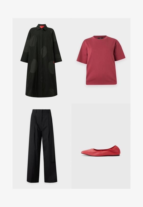 Long manteau noir avec de grands pois sombres subtils, manches larges, fermeture avant dissimulée et col, avec une étiquette intérieure rouge.; T-shirt à manches courtes et col rond couleur rose poudré avec une coupe décontractée, présenté sur un fond blanc uni.; Pantalon noir taille haute à jambes larges avec plis devant et passants de ceinture, présenté à plat sur un fond gris clair.; Filippa K REY FLATS - Ballerines - bright red