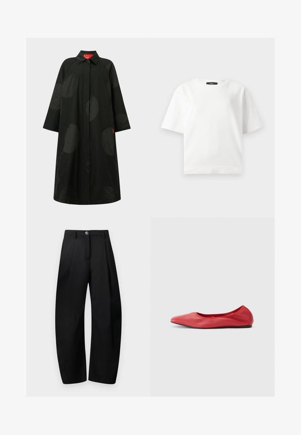 Long manteau noir avec de grands pois sombres subtils, manches larges, fermeture avant dissimulée et col, avec une étiquette intérieure rouge.; T-shirt blanc à manches courtes avec une coupe décontractée, en tissu de coton lisse, doté d'un col rond et sans motifs ni accents visibles.; Pantalon noir à jambes larges avec plis sur le devant, fermeture bouton et fermeture éclair, et passants pour ceinture sur un fond clair uni.; Filippa K REY FLATS - Ballerines - bright red