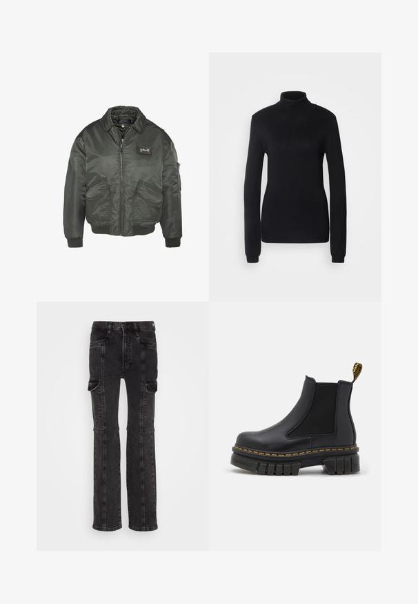 Veste bomber vert foncé avec une fermeture éclair sur le devant, des poignets côtelés et deux poches avant. Présente un patch logo sur la poitrine. Tissu lisse et brillant.; Pull en col roulé noir fabriqué dans un tissu en maille douce, présentant des manches longues et une silhouette ajustée avec un col et un ourlet côtelés.; GAP 90S LOOSE HAINE - Jean boyfriend - black wash; Bottine chelsea noire en cuir et élastique. Dotée d'une semelle en caoutchouc épaisse, de coutures jaunes et d'une languette à l'arrière.