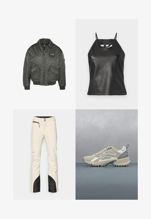 Veste bomber vert foncé avec une fermeture éclair sur le devant, des poignets côtelés et deux poches avant. Présente un patch logo sur la poitrine. Tissu lisse et brillant.; Débardeur en simili cuir noir avec des bretelles fines, un col halter, et un détail en découpe ovale au niveau de la poitrine. Texture lisse, design ajusté.; Pantalons de ski pour homme en crème avec une accent noir à l'ourlet. Dispose d'une poche zippée, d'une fermeture à bouton et de jambes ajustées. Matériau doux et résistant à l'eau.; Chaussure de sport beige et grise avec semelle texturée, lacets et logo Calvin Klein, posée au-dessus d'une surface pavée en bois et gravier en plein air.