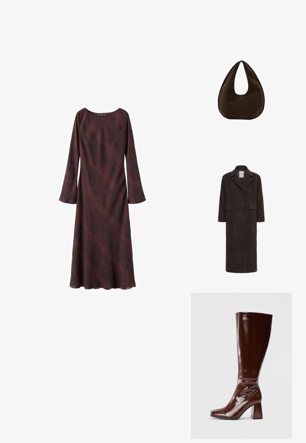 Karen by Simonsen KBADDISON - Abrigo clásico - brown; Vestido de manga larga en burdeos oscuro con un sutil patrón abstracto. Tela suave y ligera con un ajuste cómodo y escote redondeado.; Botas de charol marrones hasta la rodilla con punta cuadrada, acabado brillante y un tacón ancho para mayor estabilidad. Diseño sin costuras sin herrajes visibles.; Bolso de ante marrón oscuro en forma de media luna con una sola correa ancha y textura suave sobre un fondo blanco.
