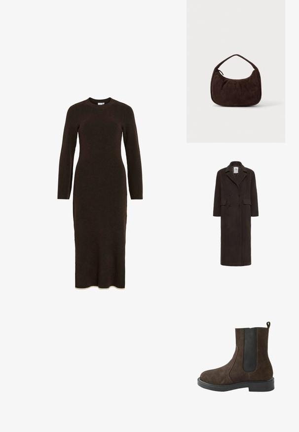 Karen by Simonsen KBADDISON - Klassisk frakke - brown; Lang brun ribbet strikkjole med rund halsudskæring og lange ærmer, der har et tætsiddende design og en kontrasterende lys kant.; Brune ruskindsankelstøvle med et sort elastisk panel, rund tå og flad gummisål. Har en hanke bagpå for nem påtagning.; Mørkebrun ruskindshåndtaske med kort rem og afrundet rektangulær form på en ensfarvet lys baggrund.