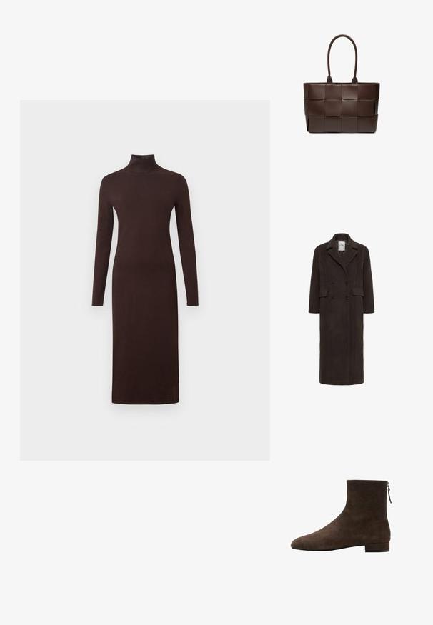 Karen by Simonsen KBADDISON - Klassischer Mantel - brown; Langärmliges, turtleneck Kleid in Dunkelbraun, taillierte Form, weiche Textur, knielang, mit glatter Oberfläche und ohne sichtbare Muster.; Braune Wildleder-Stiefeletten mit glatter Textur, abgerundetem Zehenbereich und niedrigem Blockabsatz. Verfügen über einen seitlichen Reißverschluss für einfaches An- und Ausziehen.; Braune Leder-Tote-Tasche mit einem geflochtenen Design, ausgestattet mit zwei robusten Griffen und einer strukturierten Form. Glatte Textur mit glänzender Oberfläche.