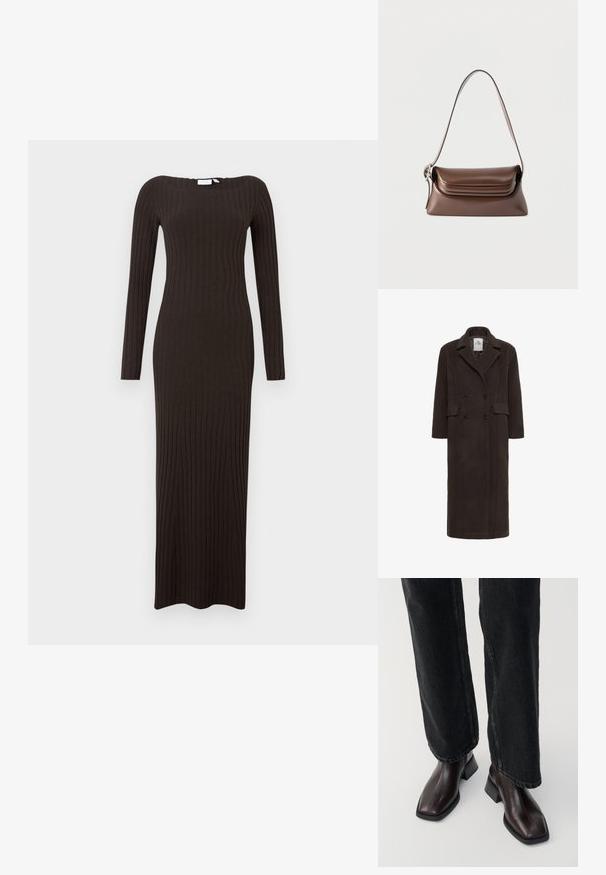 Karen by Simonsen KBADDISON - Abrigo clásico - brown; Vestido largo ajustado con textura acanalada en marrón oscuro, mangas largas y escote barco. Textura suave con diseño hasta el suelo.; Botas de cuero marrón hasta el tobillo con punta cuadrada y tacón bloque, combinadas con vaqueros negros de pierna ancha. Textura suave y diseño minimalista.; Bolso de cuero marrón para hombro con una hebilla plateada en la correa y cierre de solapa plegable, mostrado sobre un fondo blanco.