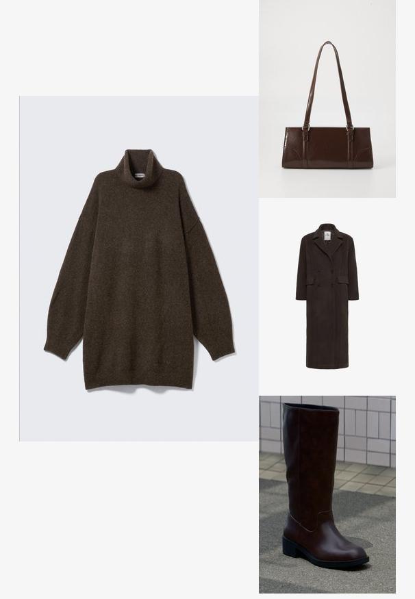Karen by Simonsen KBADDISON - Abrigo clásico - brown; Suéter marrón de cuello alto sobredimensionado con hombros caídos, cuello acanalado y tejido suave y texturizado. Diseño simple y relajado.; Bota de cuero marrón oscuro hasta la mitad de la pierna con puntera redondeada y tacón bajo de bloque, sobre el pavimento cerca de una pared con azulejos.; Bolso de mano de piel sintética marrón con forma rectangular, dos asas largas y sutiles acentos curvados en la parte delantera.