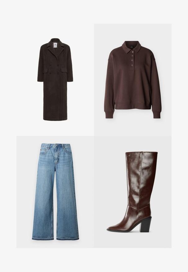 Karen by Simonsen KBADDISON - Klassisk frakke - brown; Brun langærmet poloshirt med fire knapper, ribstrikkede ærmeender og ribstrikket kant mod en ensfarvet hvid baggrund.; Højttaljede, lyseblå denimjeans med vide ben, knap- og lynlåslukning foran samt fem-lommer-design.; Høj, mørkebrun læderstøvle med spids tå og stablet blokhæl, vist fra siden på en ensfarvet baggrund.