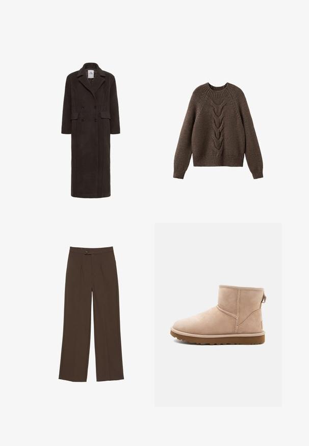 Karen by Simonsen KBADDISON - Klassisk frakke - brown; Brun strikket sweater med rund halsudskæring, lange ærmer og et kabelstrikdesign, der løber ned langs fronten. Ribbet kant og manchetter.; Brune bukser med vide ben, med frontknap og skjult lynlås, med pressede folder langs benene.; Beige ruskindsankelstøvle med rund tå, synlige sting og en tekstureret brun gummisål. Har en træksløjfe på bagsiden.