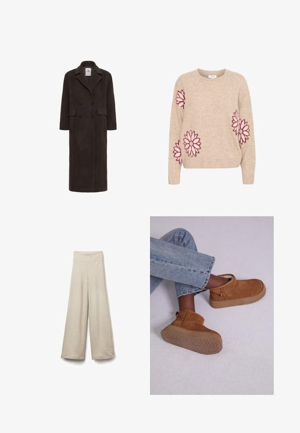 Karen by Simonsen KBADDISON - Klassisk frakke - brown; Beige strikket sweater med rund halsudskæring og lange ærmer, der har lilla blomsterbroderi på fronten og ærmerne. Blød tekstur.; Beige brede bukser med elastisk talje, der har en ribbet tekstur og lige snit, som slutter over anklen.; Brune ruskinds ankelstøvler med en blød foring, rund tå og en let chunky gummisål med et fiskebensmønster.
