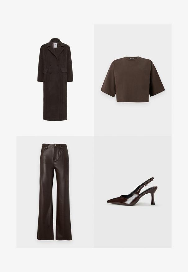 Karen by Simonsen KBADDISON - Mantel - brown; Korte mouwen, cropped donkerbruine sweater met ronde hals en een ontspannen pasvorm, afgebeeld tegen een eenvoudige lichte achtergrond.; Vero Moda Wide-leg VMTESSA High rise - Broek - chocolate torte; Bruine gepatineerde leren slingback pumps met een spitse neus, een dunne hak en een verstelbaar bandje met een kleine gesp.