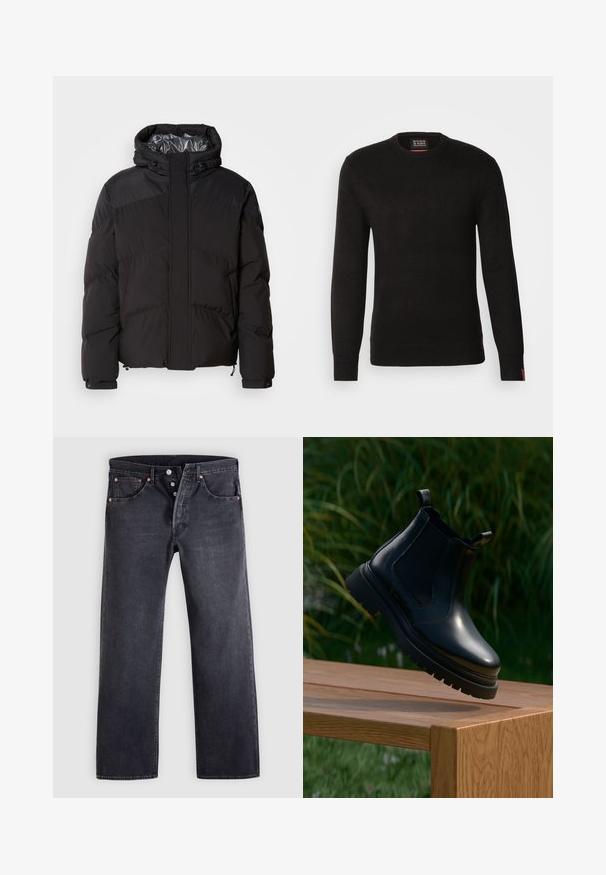 Schwarze Steppjacke mit Kapuze, horizontalen Nähten und glänzendem Innenfutter. Mit Kordelzügen am Saum und an den Manschetten zur Anpassung.; Scotch & Soda REGULAR FIT CREW NECK - Strickpullover - meteorite; Schwarze Jeans aus Denim mit geradem Schnitt, Fünf-Taschen-Design und kupferfarbenen Knopfakzenten. Glatte Textur mit leicht verblasstem Finish.; Schwarze Leder-Chelsea-Stiefel mit abgerundetem Zehenbereich, dicker Gummisohle und seitlichen elastischen Einsätzen, auf einer Holzoberfläche mit grünem Hintergrund präsentiert.