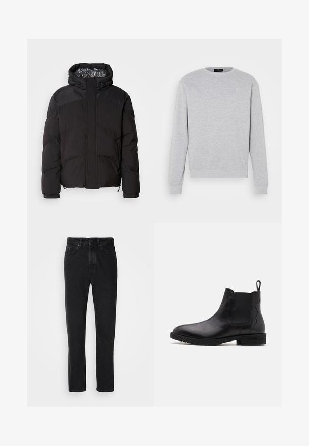 Schwarze Steppjacke mit Kapuze, horizontalen Nähten und glänzendem Innenfutter. Mit Kordelzügen am Saum und an den Manschetten zur Anpassung.; Hellgrauer Sweatshirt mit langen Ärmeln, Rundhalsausschnitt, gerippten Bündchen und unterem Saum. Verfügt über ein dezentes Logo auf der oberen linken Brustseite.; Schwarze Denim-Jeans mit geradem Beinschnitt, ausgestattet mit einem Knopf- und Reißverschluss, Fronttaschen und subtiler Textur.; Schwarze Leder-Chelsea-Stiefel mit elastischen Seitenteilen, runder Zehenpartie und einem niedrigen Blockabsatz. Mit einer Zuglasche hinten für einfaches Anziehen.