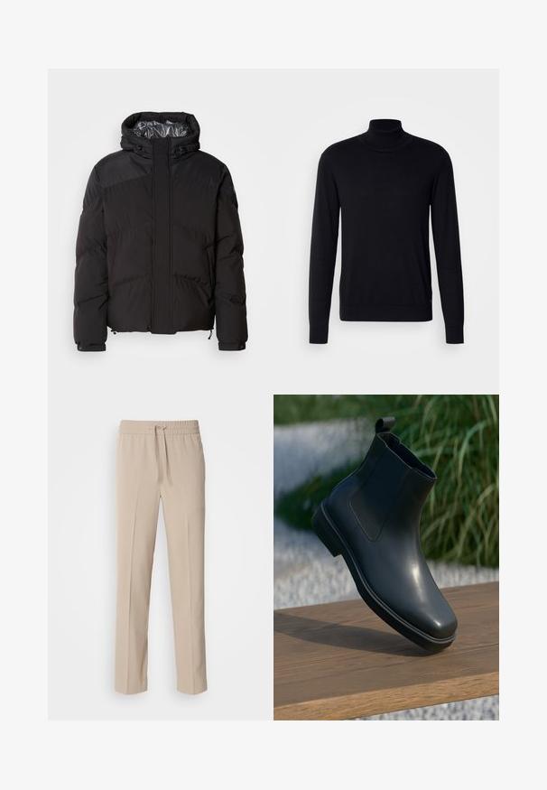 Schwarze Steppjacke mit Kapuze, horizontalen Nähten und glänzendem Innenfutter. Mit Kordelzügen am Saum und an den Manschetten zur Anpassung.; Schwarzer Rollkragenpullover aus weichem Stoff. Mit langen Ärmeln, geripptem Kragen und Bündchen, hat eine glatte Textur und keine Muster.; Beige, locker sitzende Hosen aus weichem Stoff, mit einem elastischen Bund und Kordelzug sowie geraden Beinen mit minimalen Akzenten.; Schwarze Leder-Ankleboots mit glatter Oberfläche, elastischen Seiten und einer Schlaufe als Zuglasche, die auf einer Holzoberfläche vor einem verschwommenen Hintergrund stehen.